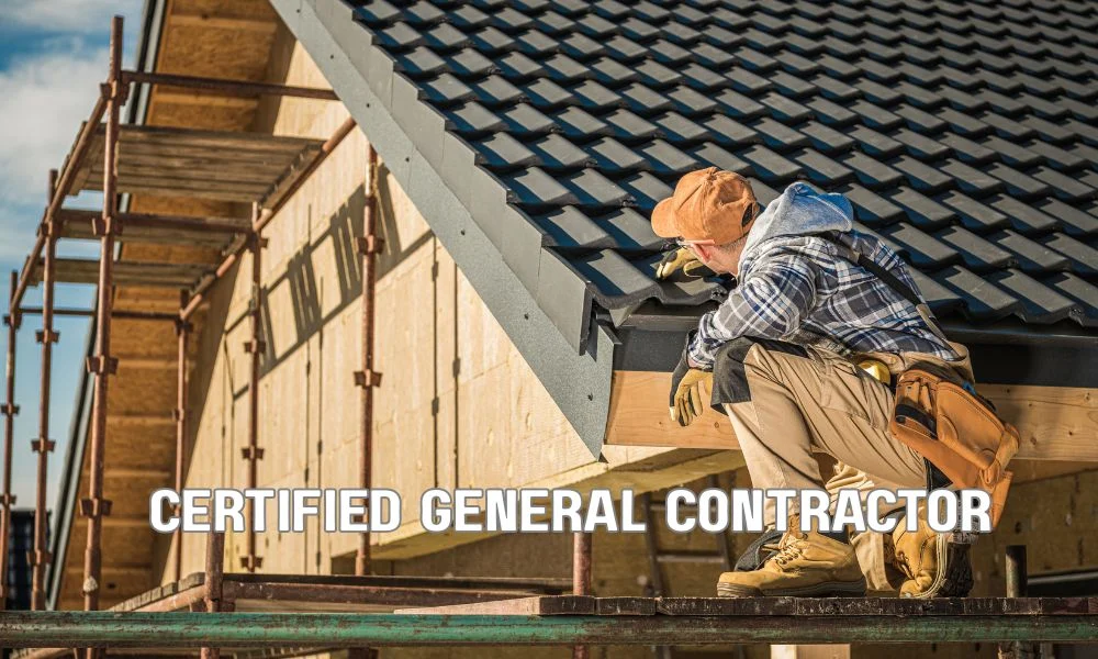 Certified General Contractor reviewing residential and commercial construction plans while coordinating a roofing subcontractor at an active building site.