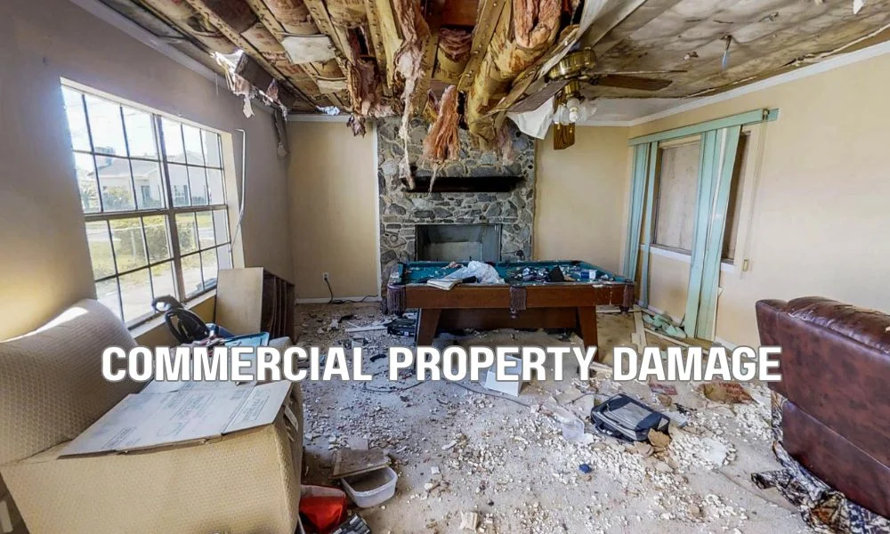 Commercial public adjuster reviewing roof damage documentation and negotiating an insurance claim settlement with a business owner in a professional office.