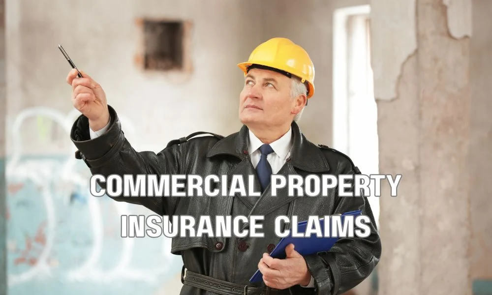 Commercial roof insurance claim process showing damage assessment, documentation, insurance adjuster inspection, claim negotiation, and settlement
