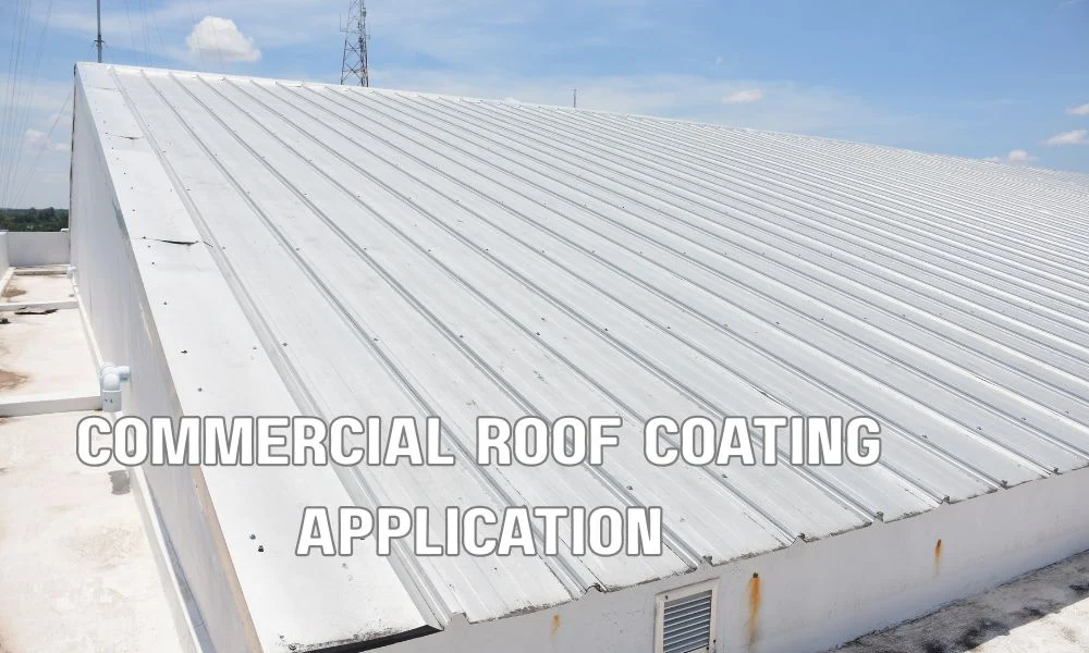 Technician applying reflective white roof coating on a flat commercial building roof to improve waterproofing, UV protection, energy efficiency, and extend the roof's lifespan.