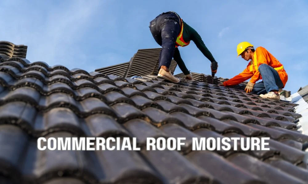 Cross-section of a commercial roof showing trapped moisture, wet insulation, mold growth, water damage, and structural deterioration inside the roofing system.