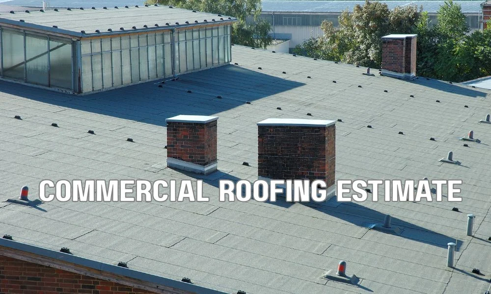 Commercial building owner reviewing a commercial roofing quote with line-item costs, contract documents, calculator, and checklist while comparing roofing estimates for accuracy and identifying potential red flags.