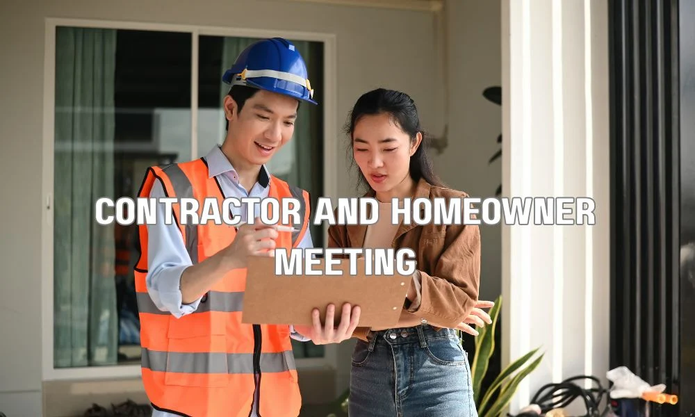 Contractor and homeowner reviewing a detailed construction contract and project plans during a meeting to discuss scope, costs, timelines, and change order procedures.