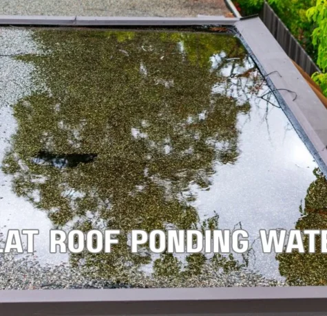 Flat commercial roof with standing ponding water around roof drains, showing drainage issues, waterproof membrane, and long-term flat roof repair solutions.