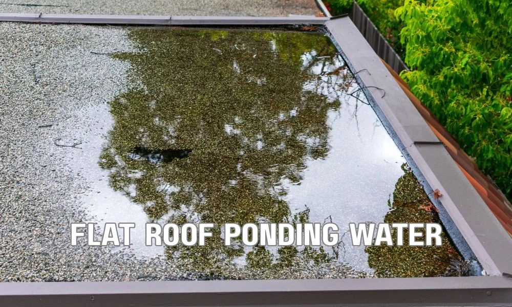 Flat commercial roof with standing ponding water around roof drains, showing drainage issues, waterproof membrane, and long-term flat roof repair solutions.