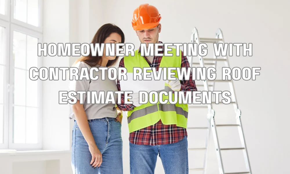 Homeowner reviewing roof financing options and replacement estimate with a roofing contractor