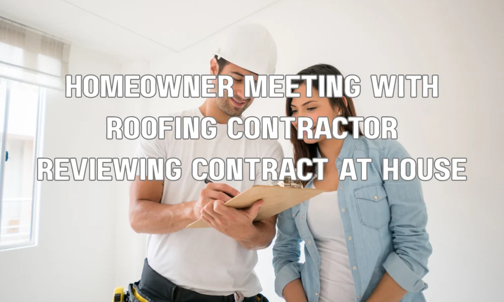 Homeowner reviewing a roofing estimate and contract with a licensed roofing contractor before starting a roof replacement project