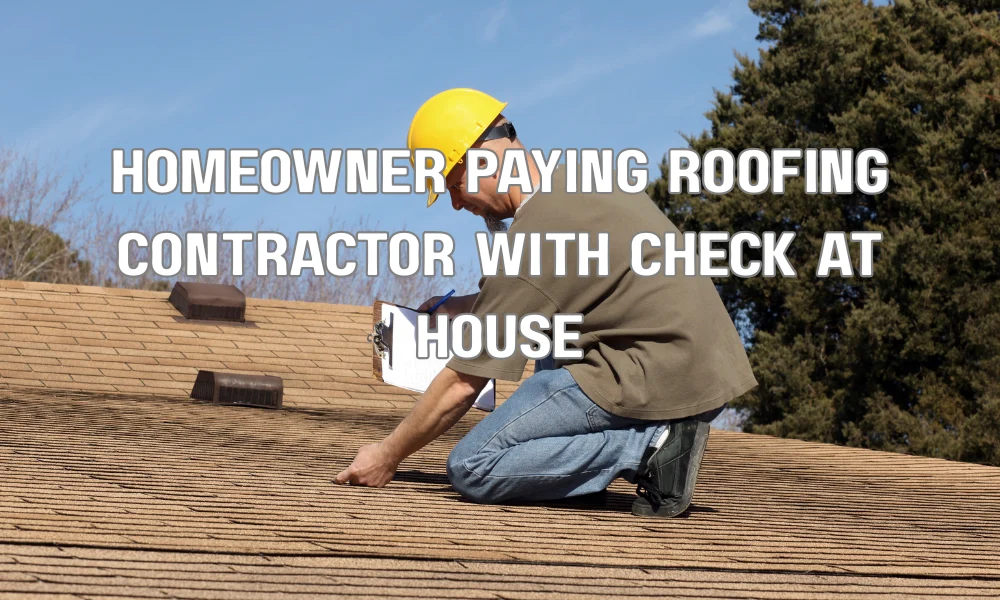 Homeowner paying a roofing contractor after agreeing on a roof replacement project