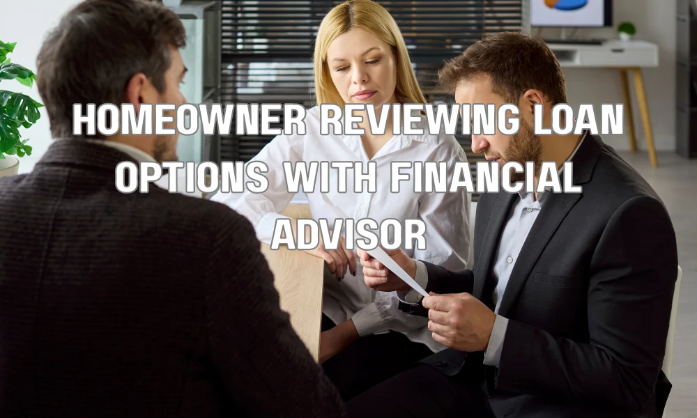 Homeowner comparing different roof replacement loan options with a financial advisor before financing a new roof.