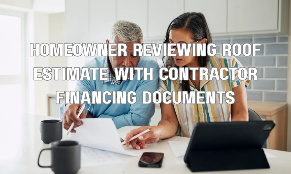 Homeowner reviewing roof replacement financing options and project estimate with a roofing contractor