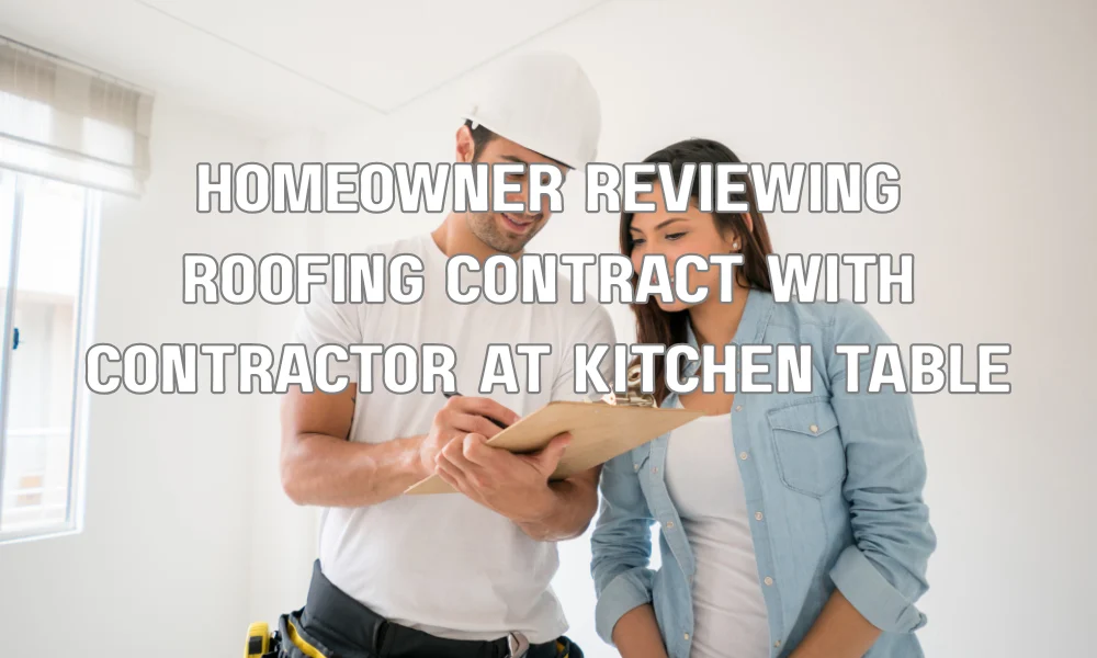 Homeowner reviewing a roof replacement financing agreement with a roofing contractor before signing the contract