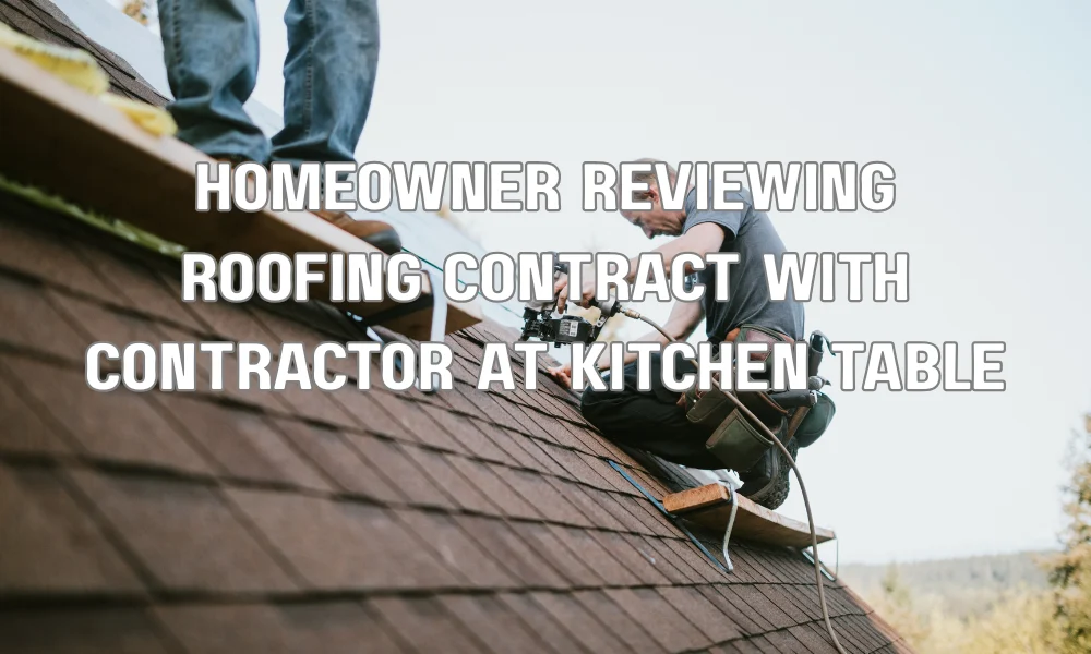 Homeowner reviewing a roof replacement financing contract with a roofing contractor before signing