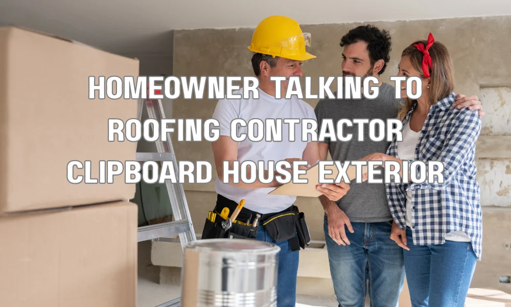 Homeowner discussing roof replacement financing options with a roofing contractor outside a residential home