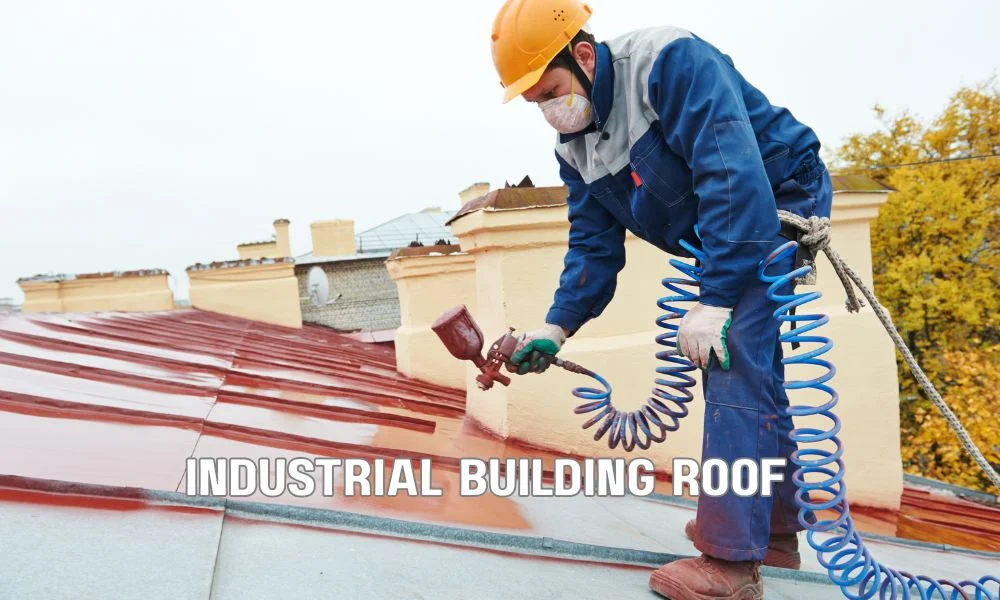 Commercial flat roofing systems featuring TPO membrane, EPDM rubber roofing, and standing seam metal roofing on modern commercial buildings under clear daylight.