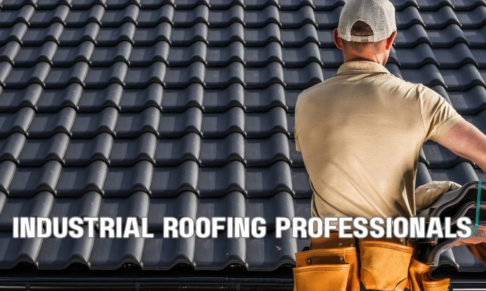 Professional roofing contractors installing a 4-ply built-up roofing (BUR) system on a commercial flat roof, applying hot asphalt, embedding roofing felts, and securing flashing details for a durable, watertight roofing membrane.