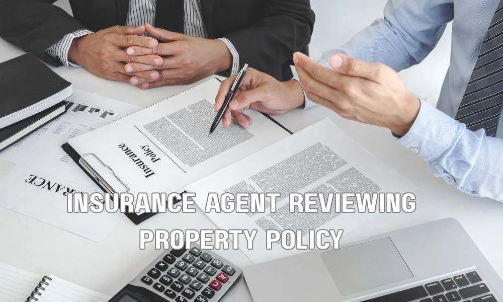 Business owner and insurance advisor reviewing a commercial property insurance policy after a new roof installation, with a modern commercial building emphasizing proactive risk management and annual policy renewal.