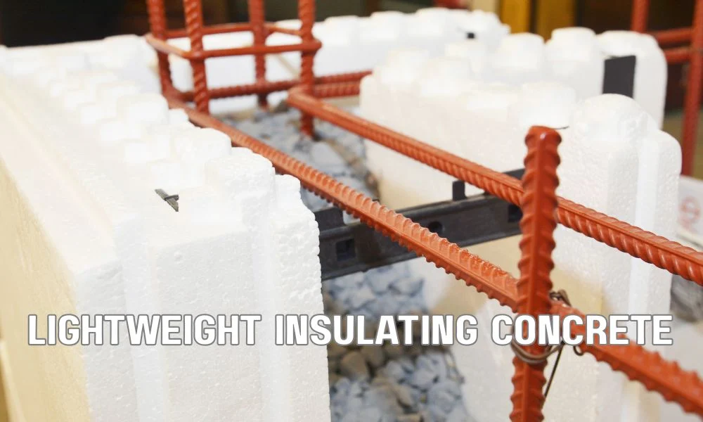 Workers installing lightweight insulating concrete over a metal roof deck in a commercial building, highlighting thermal insulation, reduced structural weight, and energy-efficient construction.