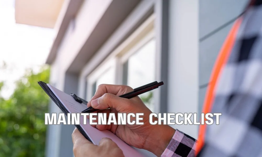 Commercial roofing maintenance documentation including inspection reports, repair logs, roof plans, warranty files, and photographs organized on a professional office desk. Property manager reviewing roof asset records and maintenance history for long-term warranty compliance and preventive roof management.