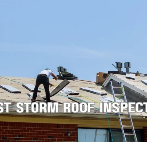Commercial roofing contractor inspecting a flat roof in Florida with safety gear, checking drainage, flashing, and roof condition under clear skies after a storm