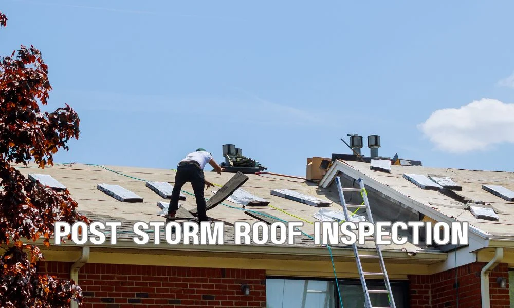 Commercial roofing contractor inspecting a flat roof in Florida with safety gear, checking drainage, flashing, and roof condition under clear skies after a storm