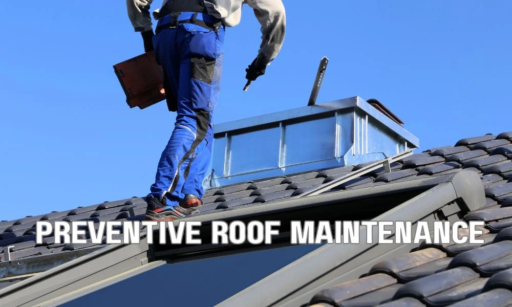 Professional commercial roofing technician inspecting a flat roof for cracks, seams, and drainage issues during a preventive maintenance inspection. Regular roof inspections help extend roof lifespan, maintain warranties, improve energy efficiency, and prevent costly repairs.