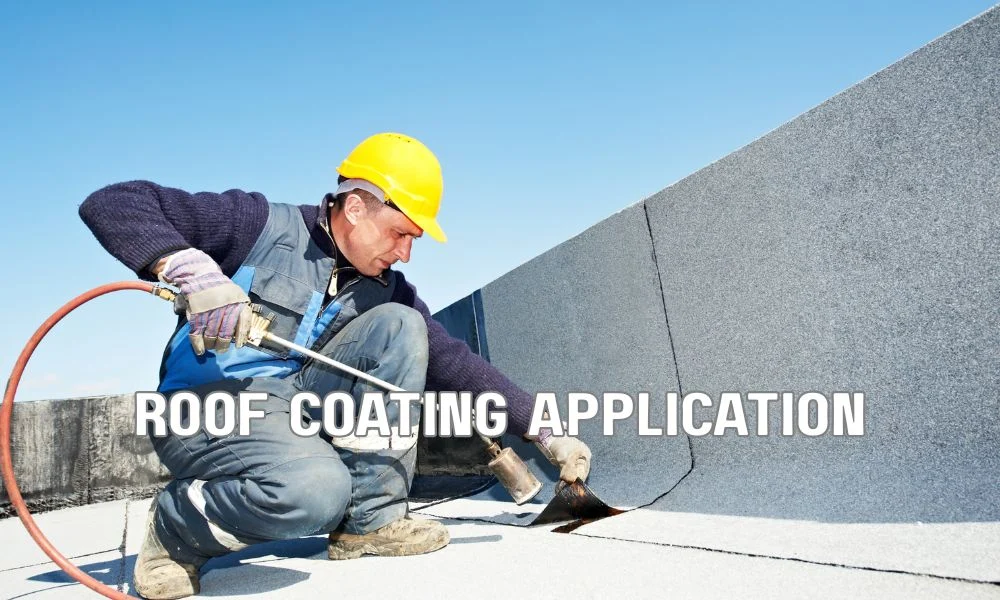 Technician performing preventive maintenance and restoration on a flat commercial roof with sealant application, roof inspection tools, and modern office buildings in the background under a clear blue sky.