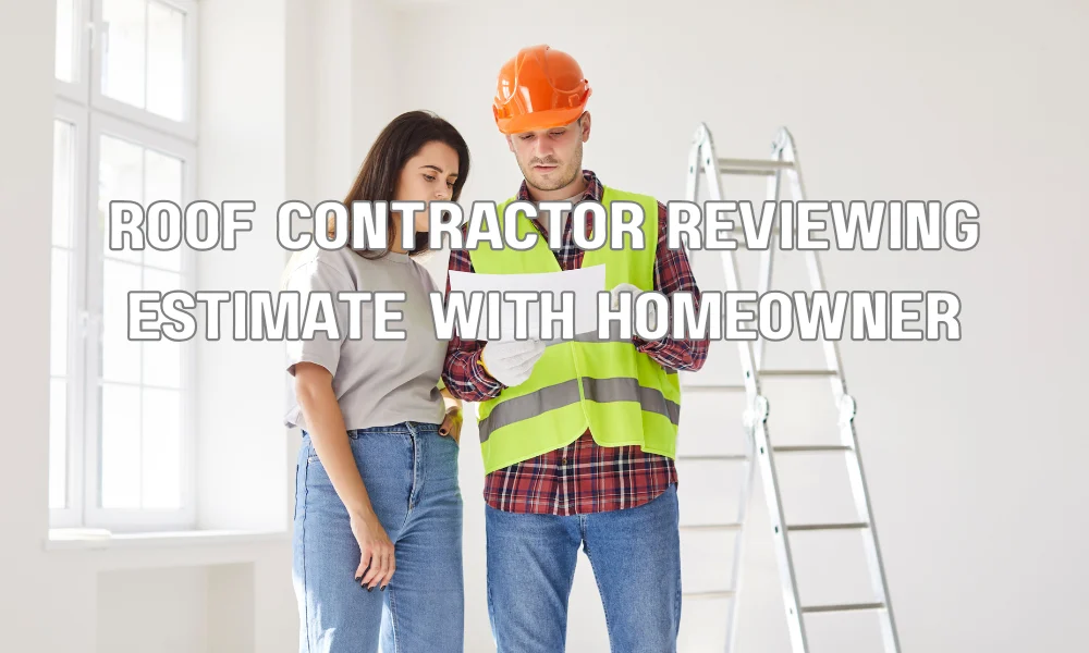 Homeowner reviewing a detailed roof repair estimate with a licensed roofing contractor before approving the project.