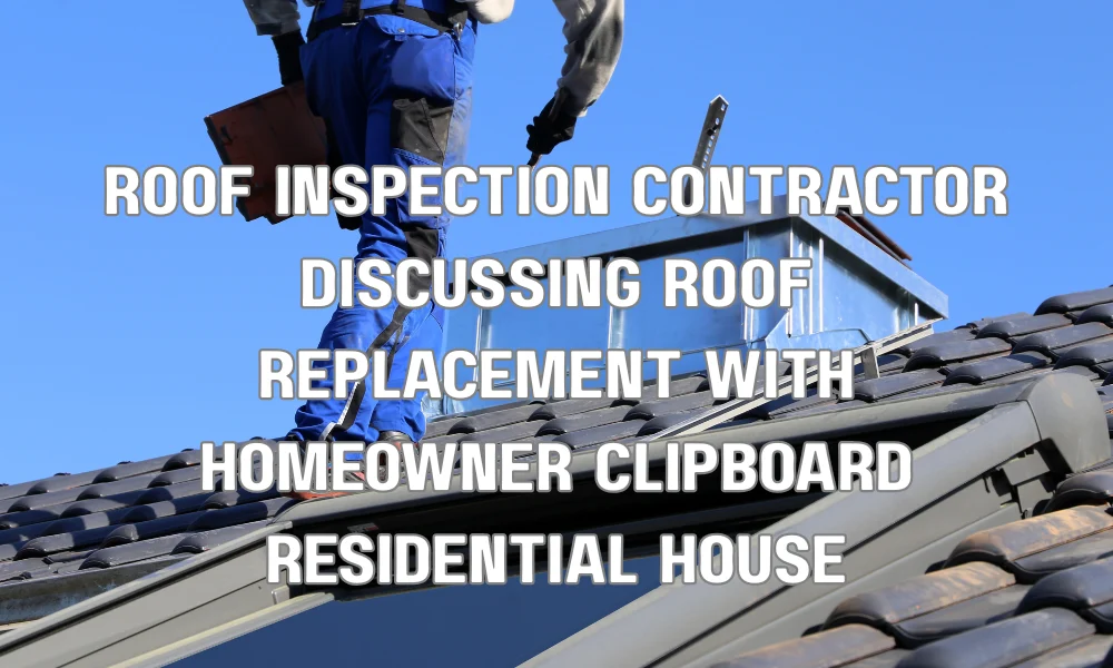 Roofing contractor inspecting a residential roof and discussing replacement costs and upgrades with a homeowner