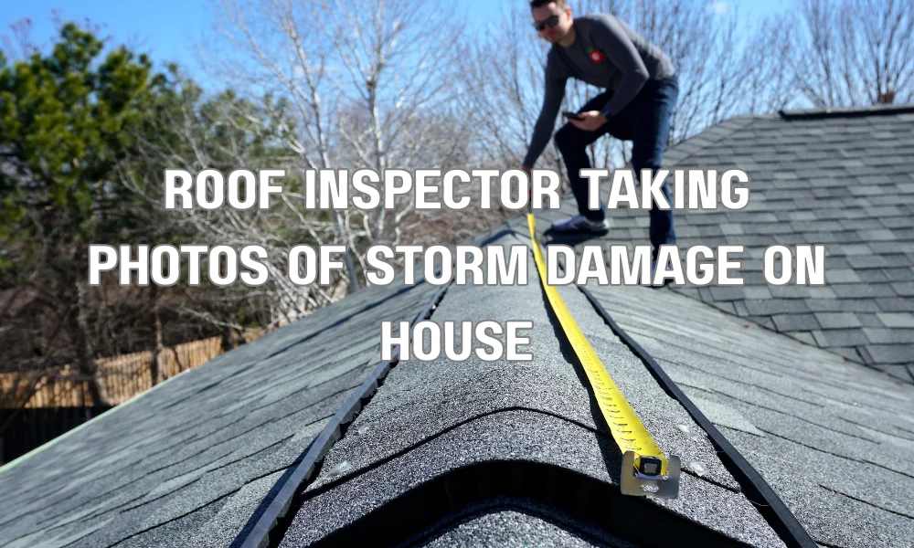 Roof inspector documenting storm damage before roof repairs begin for an insurance claim.