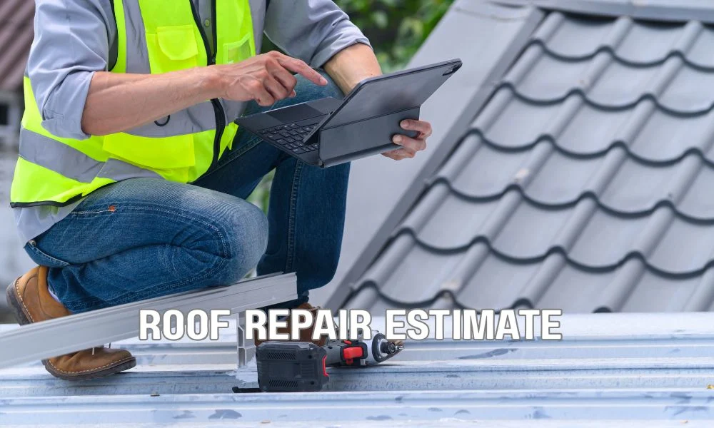 A roofing contractor discussing a repair estimate with a commercial property owner while pointing out warning signs in a damaged roof after a storm. Professional inspection setting emphasizing scam awareness, verified licensing, and trustworthy roofing services.