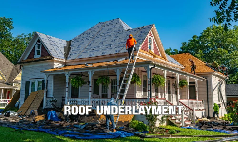 Close-up of a roof deck with waterproof secondary water barrier membrane being installed beneath roofing materials during residential roof construction.