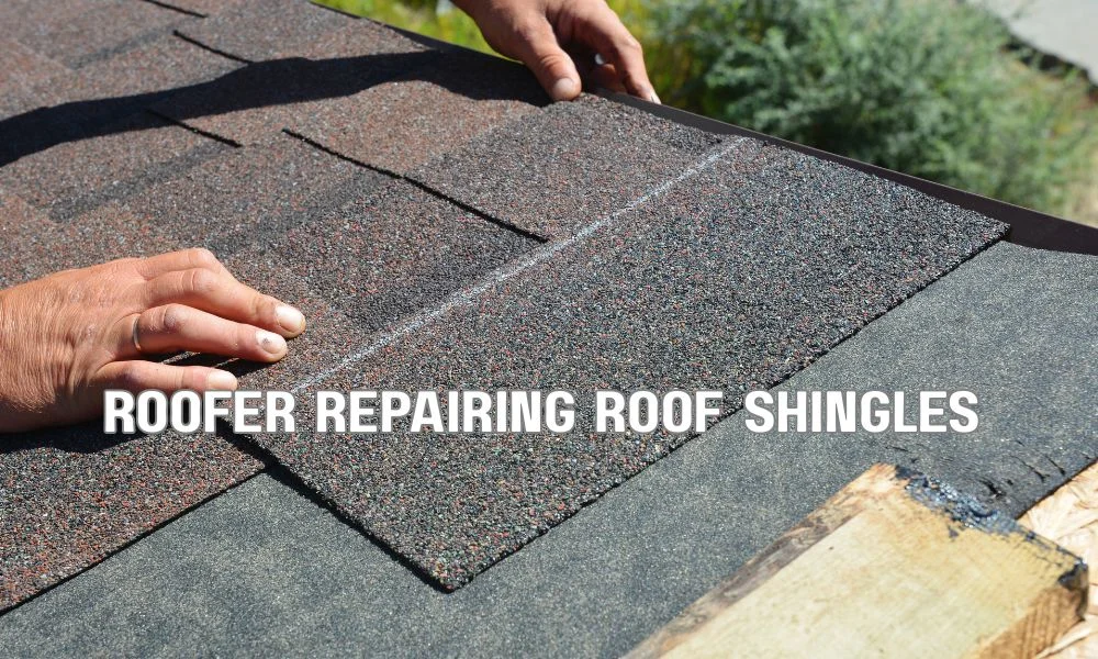 Professional roofing contractor performing minor roof repairs by replacing damaged shingles and sealing a leak on a residential roof during routine maintenance.