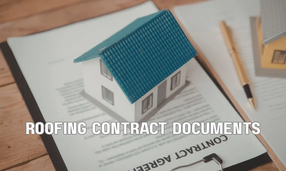 Commercial roofing warranty documents displayed with a clipboard, contract papers, and roofing plans, representing manufacturer and labor warranty protection for commercial roofing systems. Professional office setting emphasizing long-term roof coverage, inspections, and warranty compliance.