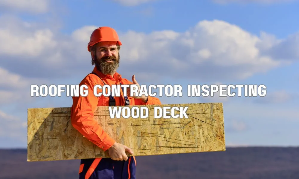 Roofing contractor inspecting and repairing damaged roof decking with exposed wood sheathing during a residential roof replacement project.