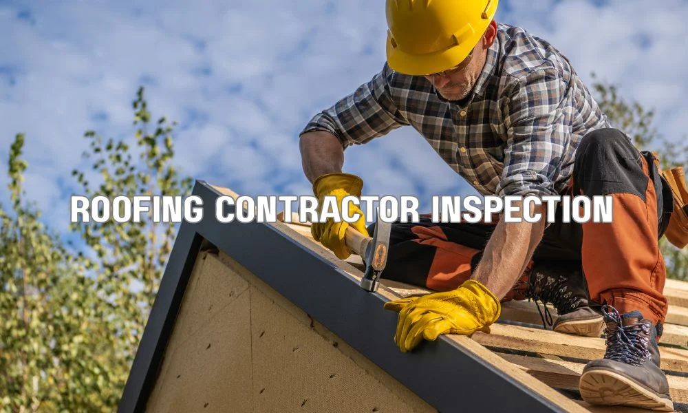 An aging asphalt shingle roof being inspected by a roofing professional to assess its condition for homeowner insurance and maintenance purposes.