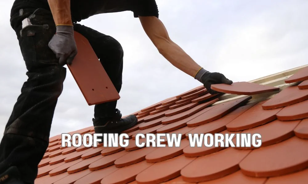 Commercial roofing crew replacing a flat commercial roof with insulation and membrane under clear skies, showing active installation on a large industrial building.