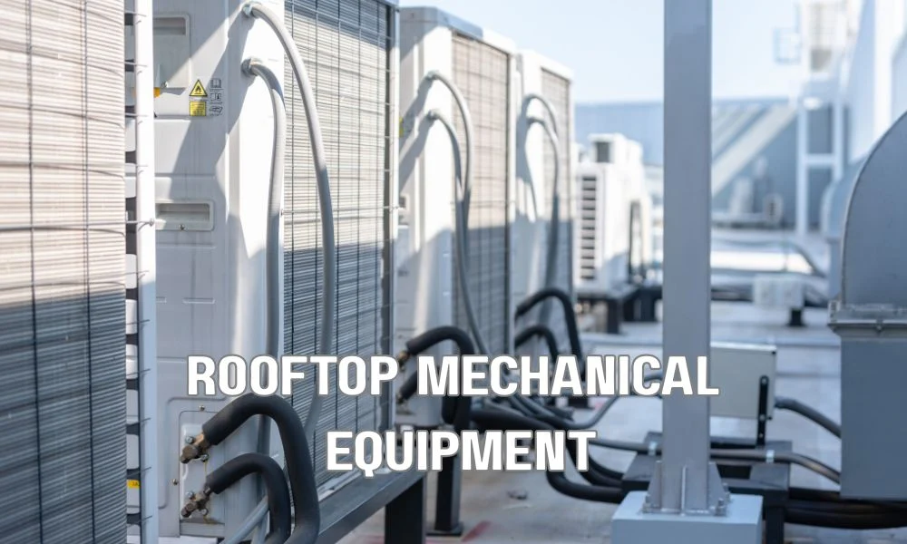 Commercial roof protection system featuring HVAC equipment curbs, elevated pipe supports, and walkway pads on a flat roofing membrane.
Designed to prevent membrane damage, reduce foot traffic wear, and extend the lifespan of commercial roofing systems.