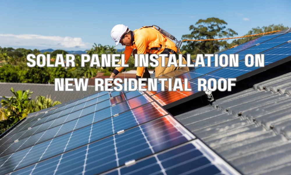 Technicians installing solar panels on a newly replaced residential roof to improve energy efficiency and long-term savings.