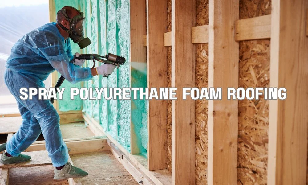 Technicians applying spray polyurethane foam roofing on a large commercial flat roof to improve insulation, waterproofing, and energy efficiency for an industrial building in Florida.