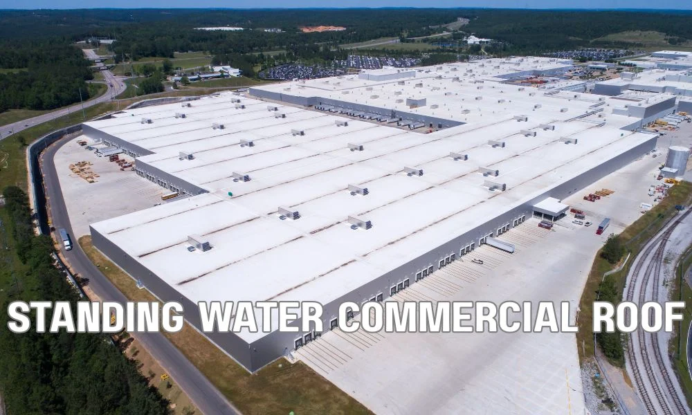 Flat commercial roof with severe ponding water causing prolonged moisture exposure, membrane deterioration, and structural stress. Standing water highlights drainage issues that can shorten roof lifespan and damage insulation.