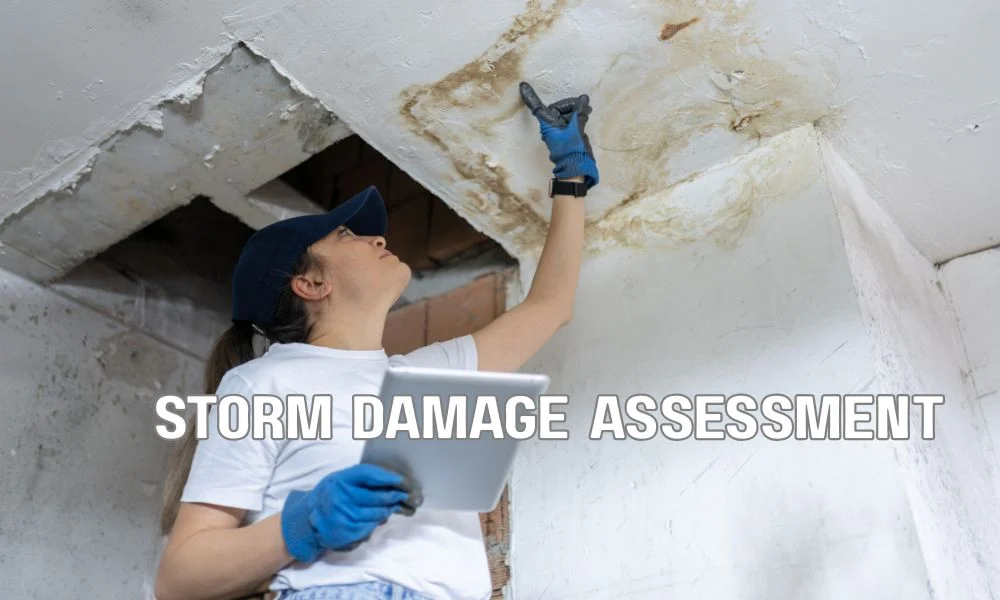 Commercial storm damage inspection report documenting roof damage, photo evidence, measurements, water intrusion, and insurance assessment