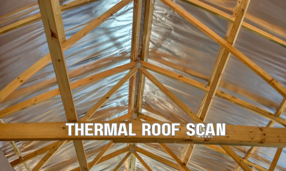 Infrared thermography scanning a commercial flat roof at dusk, highlighting hidden moisture intrusion with bright thermal hot spots against cooler dry roofing areas. Professional roof inspection using thermal imaging to detect saturated insulation and trapped water before visible leaks appear.