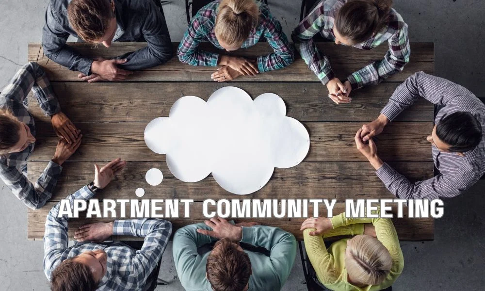 Property manager communicating a renovation project to apartment residents through meetings, written notices, and digital updates in a modern residential community.