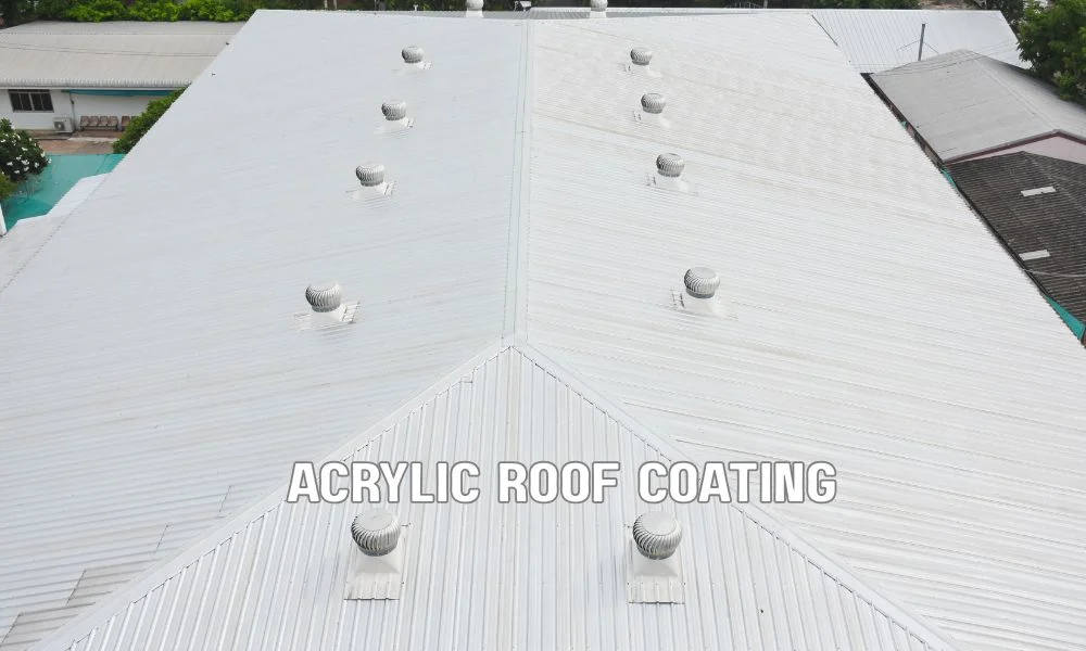 Technician applying a reflective protective coating to a commercial metal roof, illustrating roof restoration, energy efficiency improvements, and extending the roof's service life without full replacement.