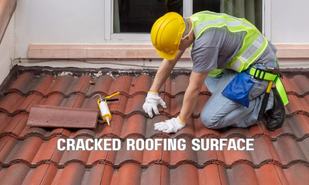Close-up of an aging commercial roof membrane with visible cracks and tears caused by long-term UV exposure, material fatigue, and movement from a cracked substrate beneath.