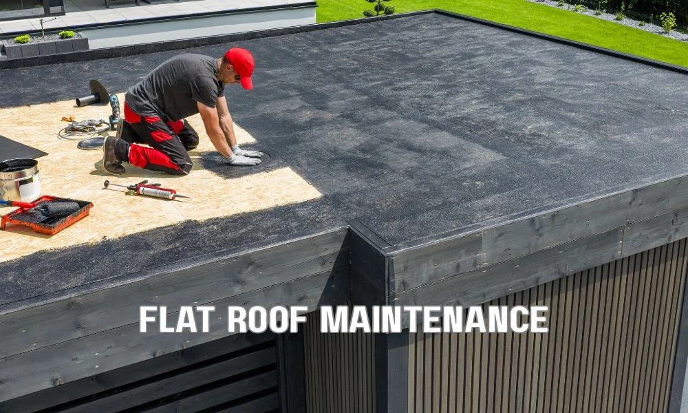 Commercial roofing contractor inspecting a flat commercial roof on a Florida business building during early spring as part of hurricane season preparation and preventive maintenance.