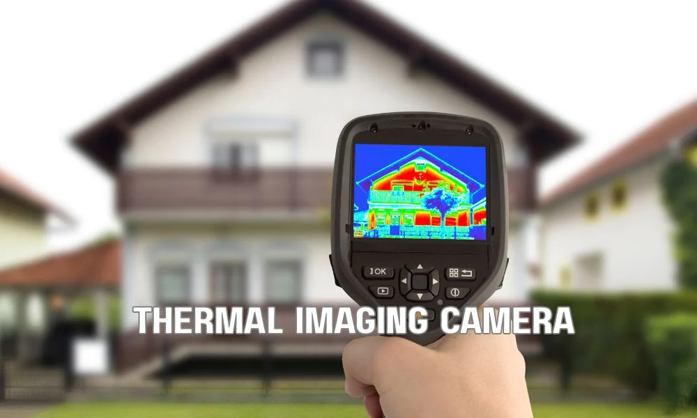 Commercial roofing technician using infrared thermal imaging and electronic leak detection equipment to locate hidden moisture beneath a flat roof without damaging the membrane.